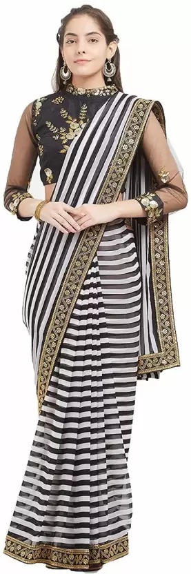 Zibra Sarees New Georgette Silk Black & White Color Lace Work Printed Saree Bangalore Silk With Blouse Piece For Women